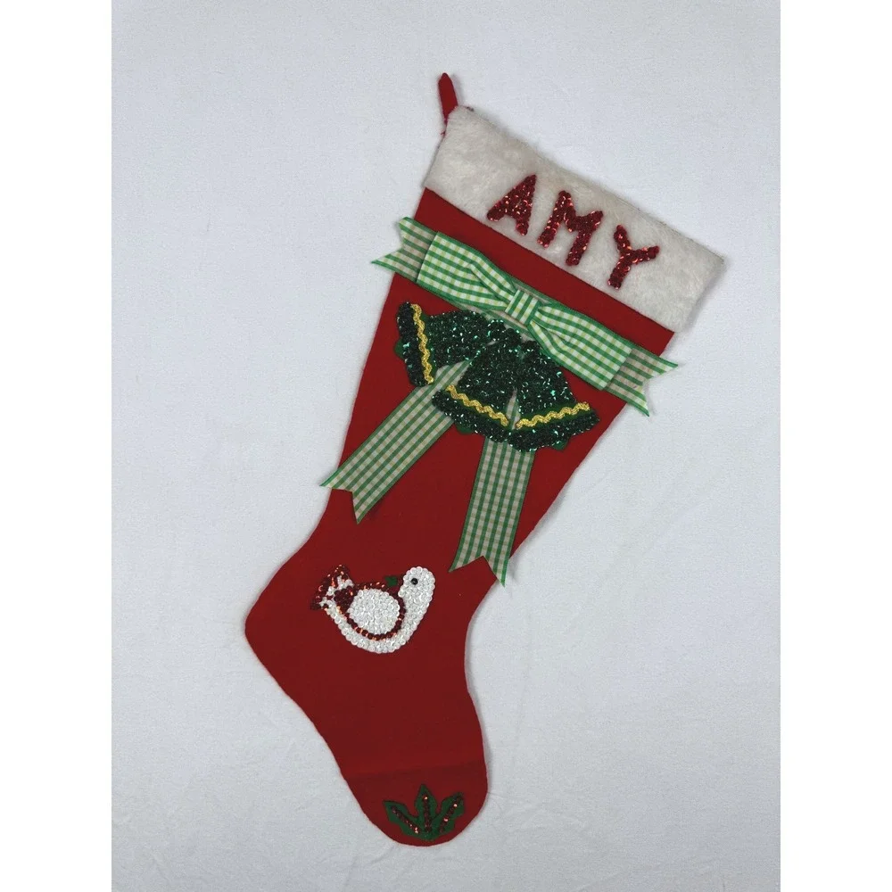 Handmade Christmas Stocking Unisex OS Red Good Sequin Bells Dove Amy Gingham Bow